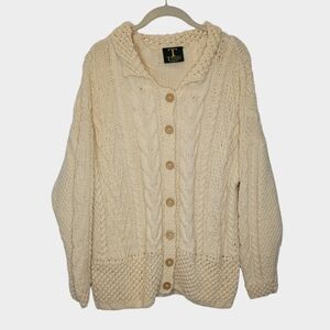 Tivoli Aran Fisherman Wool Cardigan Sweater L Ireland Cableknit Cottagecore